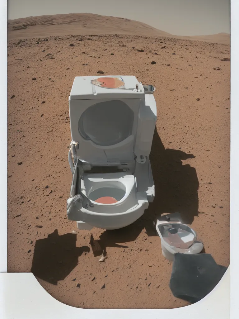 Prompt: a lunatic finds a toilet on mars, 4k, photoreal, colour polaroid photo