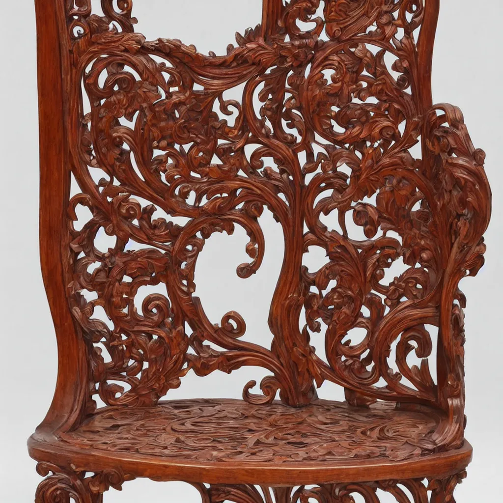 Image similar to a 3 d wooden mahogany art nouveau carved sculptural chair with a delicate multi - layer tracery pattern, intricate and highly detailed, well - lit, ornate, realistic, polished with visible wood grain