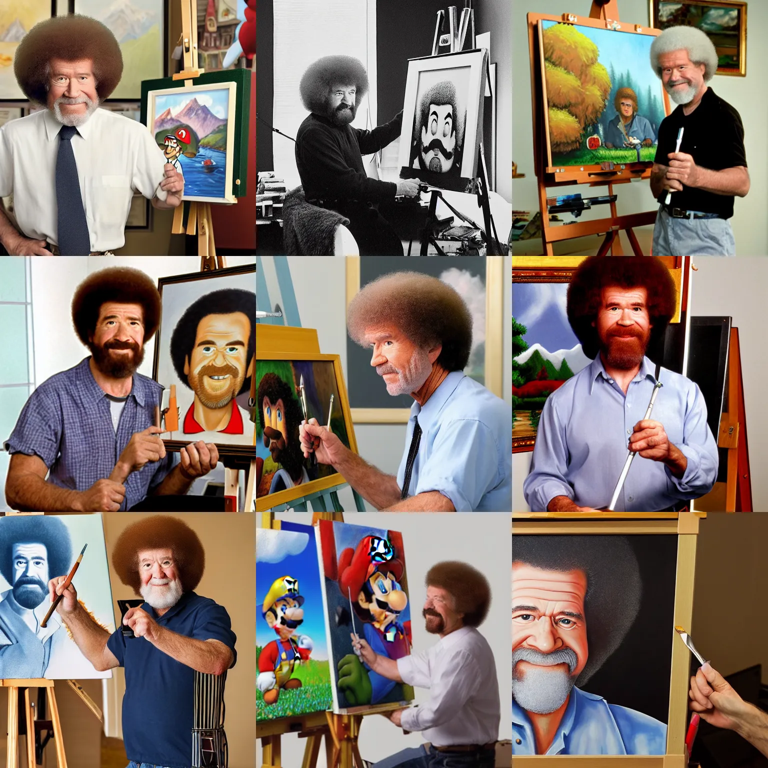 Prompt: bob ross in his office in front of an easel, painting a portrait of mario on the canvas, high quality, dslr