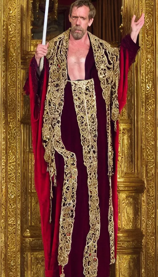 Image similar to hugh laurie as god of love, masculine, sweaty, intricate dressed in an ornate royal loin cloths and robe, and holding his love scepter, hero, intricate, highly - detailed,