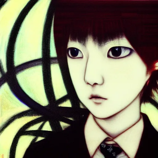 Image similar to yoshitaka amano blurred and dreamy realistic three quarter angle portrait of a young woman with short hair and black eyes wearing office suit with tie, junji ito abstract patterns in the background, satoshi kon anime, noisy film grain effect, highly detailed, renaissance oil painting, weird portrait angle, blurred lost edges