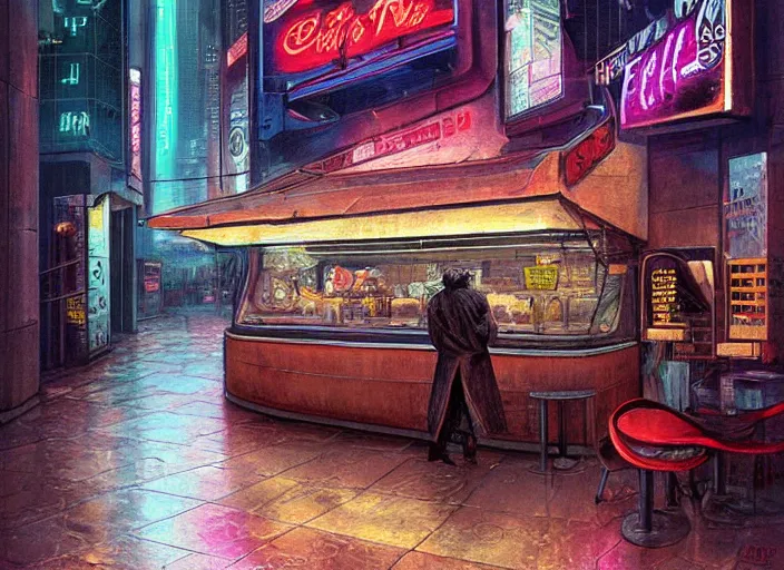 Image similar to the only open cyberpunk blade runner fast food stand in the cyberpunk city during a melancholy rainy night by salvadore dali