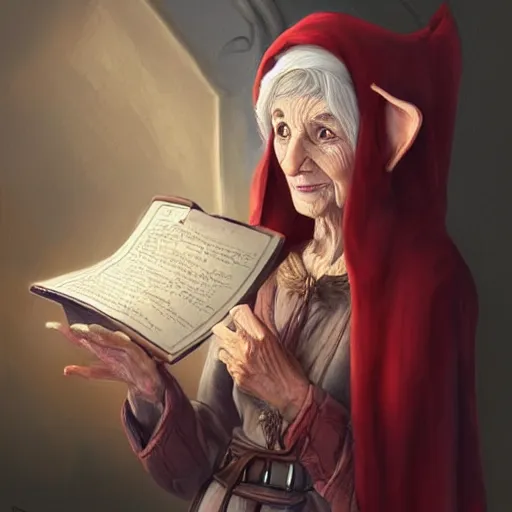 Image similar to A beautiful old female elf holding a scroll, preparing a spell, digital painting, detailed, realism, art station, intricate