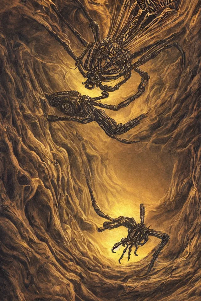 Image similar to alien spider floating in a dark cave with intricate writing on the walls contrasting colors, Dan Seagrave