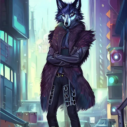 Prompt: beautiful furry art portrait commission of a furry anthro wolf fursona wearing punk clothes in the streets of a cyberpunk city. character design by charlie bowater, ross tran, rick griffin, miles df