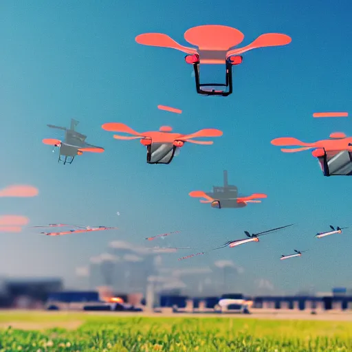 Prompt: A swarm of drones landing at a airport. Futuristic, bright colors, during the day, no clouds, Hyper realistic, bright colors, 8k.