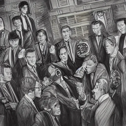 Image similar to highly detailed realistic sketch of UN members in suits yelling at a cyborg samurai, killing each-other , bloody , fear and anger in their eyes, colored , award winning , masterpiece on a scroll , post-processing