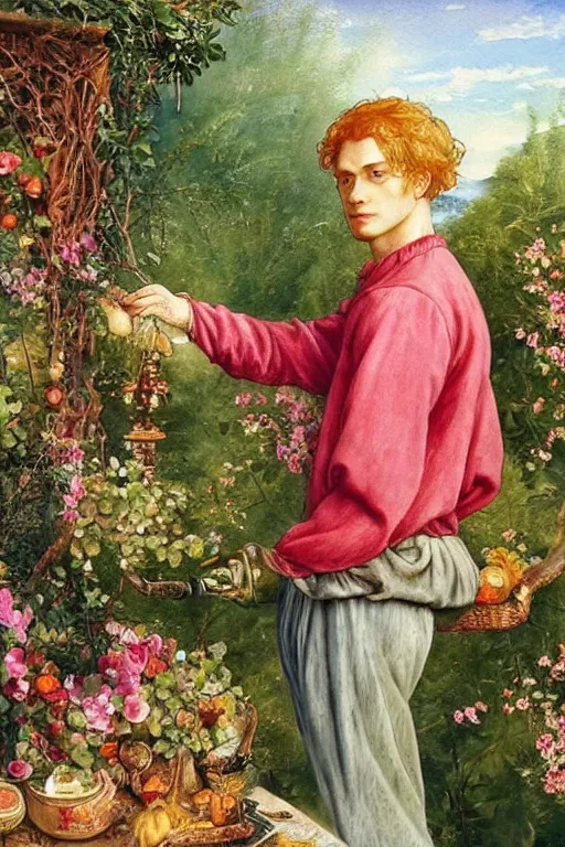 Prompt: intricate beautiful medium - shot, watercolor illustration, the man, blonde reddish hair, in green and pink clothes of 1 7 th century, holds wine glass, pomegranates and flowers, in the garden, by sezanne, by rutkowsky, by kinkade, wlop, artgerm, botticelli, matte painting, renaissance painting