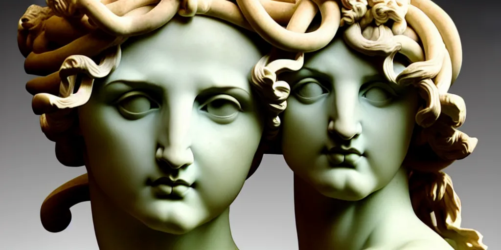 Image similar to greek sculpture, bust, flawless beauty, young woman as medusa