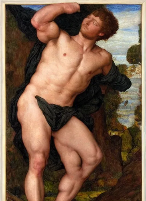 Prompt: Pre-Raphaelite young beautiful muscular male