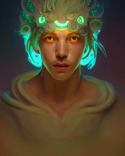 Image similar to one singular portrait of a cute bioluminescent monster boy, mischievous, highly detailed, digital painting, cinematic, hyper realism, dark retrowave, art by stanley lau and artgerm and magali villeneuve and alphonse mucha, artstation, octane render, cgsociety