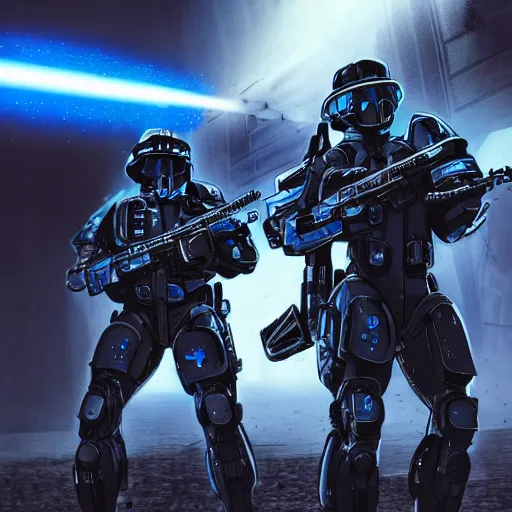 Image similar to Two soldiers with blue laser rifles wearing black power armour with blue sprites and full helmets with blue visors, night, rain, water drops on the lense, a complicated chrome-plated spaceship with blue lights in the background, realistic 4k octane beautifully detailed render, 4k post-processing, highly detailed, intricate complexity, epic composition, magical atmosphere, cinematic lighting, masterpiece, ultra hd