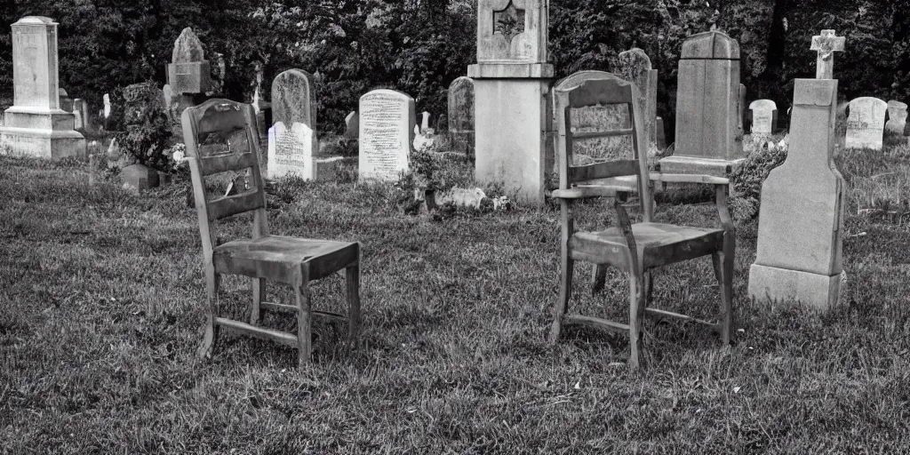 Prompt: a photo of a haunted chair in a cemetery