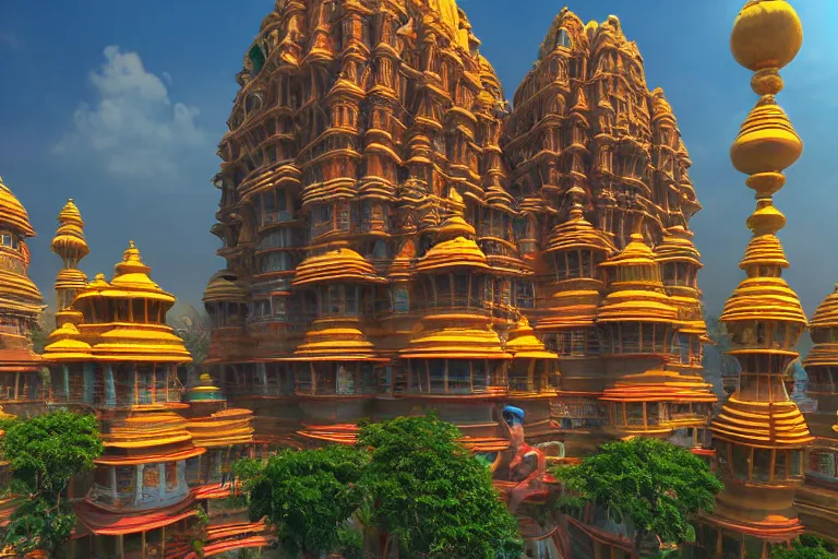 Image similar to high quality 3 d dreamscape! mumbai with biomorphic hanuman head building, kalighat highly detailed, unreal engine cinematic smooth, stephen shore & john j. park, soft morning light, wide shot, high angle, uhd 8 k, deep focus