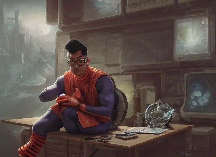 Image similar to an insanely detailed painting of an asian man wearing a homemade superhero costume, sitting at a desk, staring seriously at the computer and typing, in the style of peter mohrbacher, james jean, artgerm, dramatic lighting and composition, surreal background, octane render, pixar, trending on artstation, concept art, comic book, view from behind, 8 k