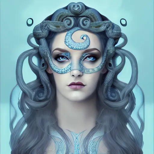 Image similar to character concept portrait of a beautiful woman with pale full face, medusa, snakes for hair, blue / grey eyes, intricate, elegant, digital painting, art nouveau, smooth, focus, rim light