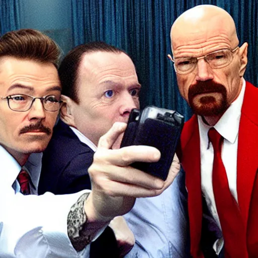 Image similar to walter white doing a selfie with phoenix wright, realistic, cool, nice, beautiful