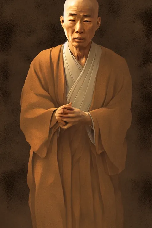 Image similar to Japanese monk, portrait, poor, intricate, elegant, volumetric lighting, scenery, digital painting, highly detailed, artstation, sharp focus, illustration, concept art,ruan jia, steve mccurry