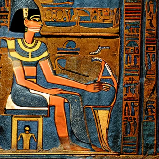 Image similar to ancient egyptian art of set working on a computer