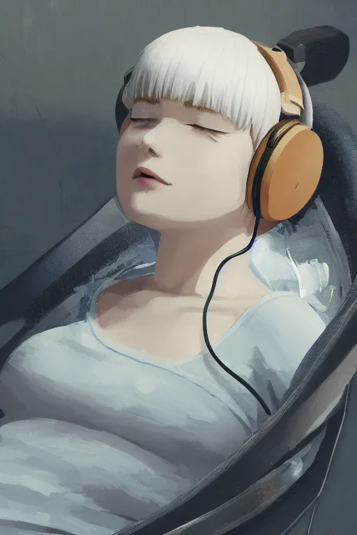 Image similar to a medium close-up of cute young woman lying in a ball chair listening to music with her eyes closed and wearing headphones, white bob cut hair, freckles, cozy setting, blue and white, warm lighting, cinematic, moody, nier automata, poster, oil on canvas, in the style of Ilya Kuvshinov, Krenz Cushart, Range Murata, Eero Aarnio, 8k