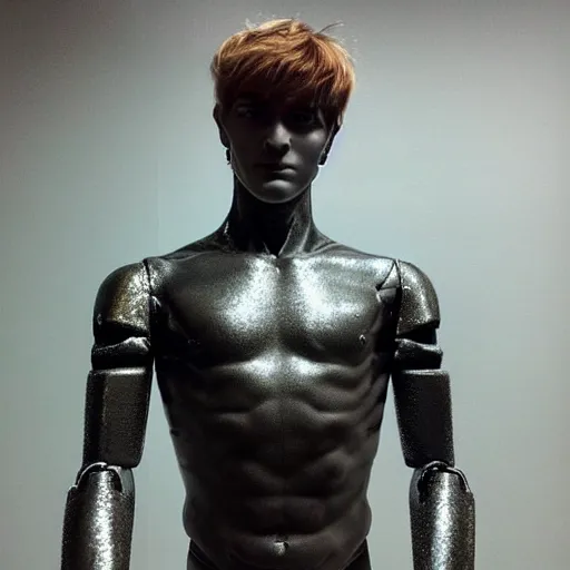 Image similar to “a realistic detailed photo of a guy who is an attractive humanoid who is half robot and half humanoid, who is a male android, twitch streamer Ninja Tyler Blevins, shiny skin, posing like a statue, blank stare”