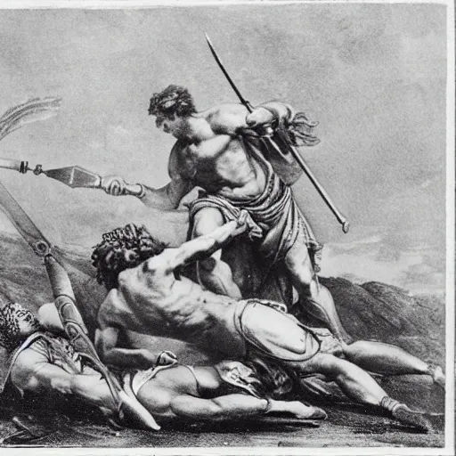 Prompt: a photograph of Achilles impaling Hector on top of Mount Olympus