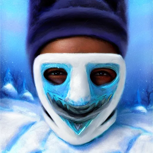 Image similar to fantasy snow bandit ‘ icewind dale ’ with mask, blue palette, snow scene, ‘ icewind dale 2 ’ profile portrait by ‘ justin sweet ’, falling snow, soft focus, illustrated, oil paint