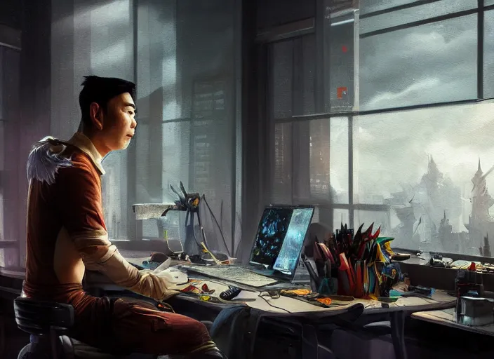 Image similar to an insanely detailed painting of an asian man wearing a homemade superhero costume, sitting at a desk, staring seriously at the computer and typing, in the style of peter mohrbacher, james jean, ruan jia, dramatic lighting and composition, surreal background, octane render, pixar, trending on artstation, concept art, comic book, view from behind, 8 k