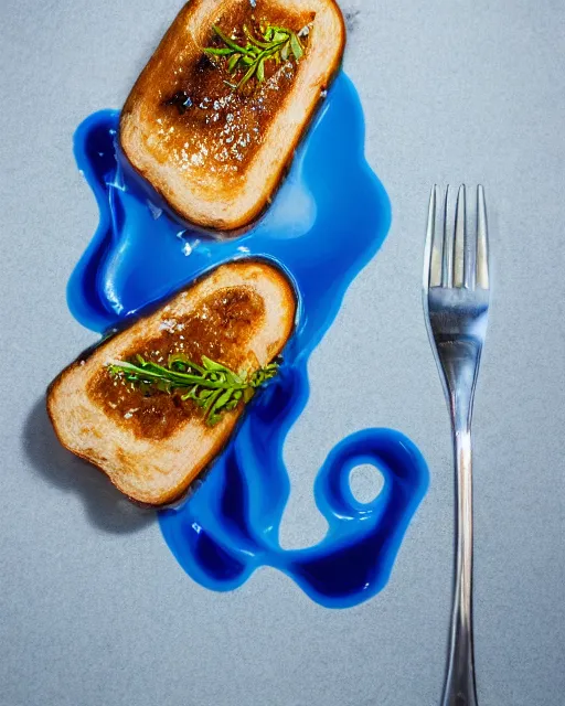 Image similar to elegant fancy food photography of dish consisting of a toast with blue liquid spread over it in a michelin star restaurant,