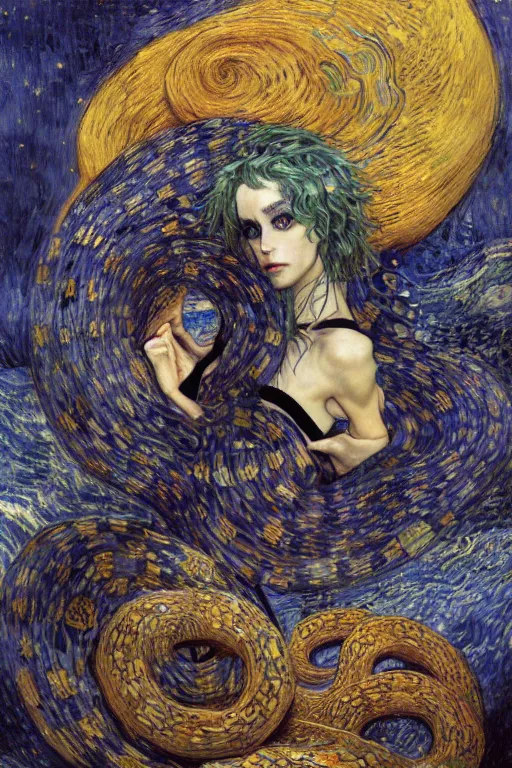 Image similar to Kirisame marisa, touhou project by Karol Bak, Jean Deville, Gustav Klimt, and Vincent Van Gogh, portrait of a sacred serpent, Surreality, otherworldly, fractal structures, arcane, ornate gilded medieval icon, third eye, spirals