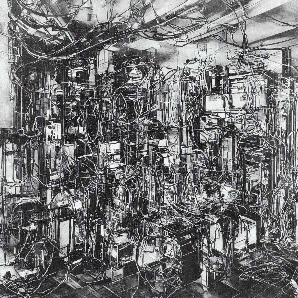 Prompt: An engraving of Max Ersnt in a datacenter, cables, pipes, oil, computers, 1929