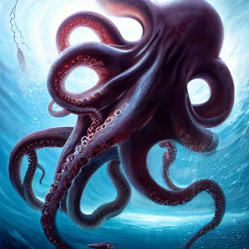 Prompt: a dream fantasy painting of a giant octopus in the deep of the ocean attack a man, by beksinki, giger, greg rutkowski, carne griffith trending on artstation, deviantart, photorealism