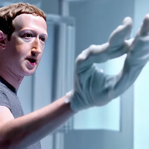 Image similar to mark zuckerberg awakening from his alien cryogenic chamber with slimy feeding tubes attached. science fiction movie.