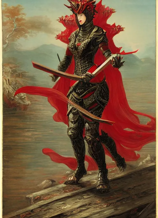 Image similar to woman in dark and red princess dragon armor, she is holding a katana sword, walking on an ancient flooded bridge. by william henry hunt