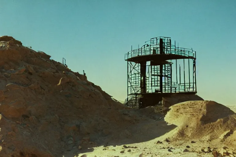 Prompt: film still of a titanic monumental neoclassical skyscraper with spiral stairs to the sky in the desert, by Étienne-Louis Boullée ektachrome full-HD