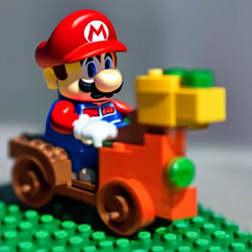 Prompt: a photo of realistic plumber mario riding on yoshi, lego mini figures