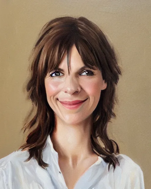 Prompt: a portrait painting of sabrina lloyd / perdita weeks / nicole de boer hybrid oil painting, gentle expression, smiling, elegant clothing, scenic background, behance hd by jeff dee