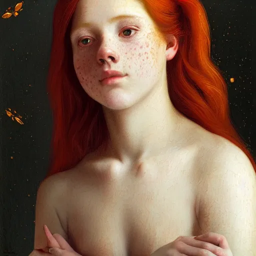 Prompt: portrait of a red haired girl, long hair, green eyes, hint of freckles, beautiful round face, soft amazed smiles, among golden fireflies, highly detailed, deep focus, elegant, digital painting, smooth, sharp focus, golden ratio, illustration, ultra realistic, 8 k, art by artemisia lomi gentileschi and caravaggio