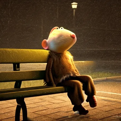 Image similar to sad anthropomorphic rat, pixar, 3 d, sad, lonely, moody lighting, wearing a fur coat, in the rain, at night, sitting on a park bench