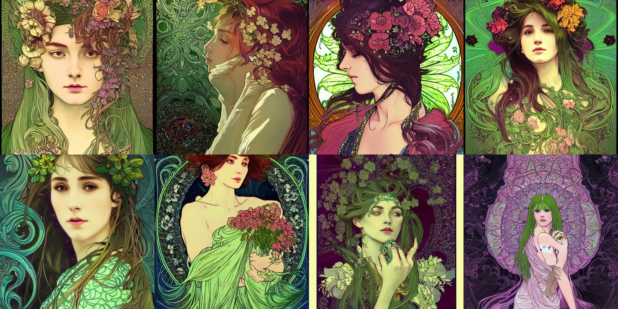 Prompt: woman, magical, flower, bright castleton green, detailed intricate ink illustration, dark atmosphere, detailed illustration, hd, 4k, digital art, overdetailed art, concept art, complementing colors, trending on artstation, Cgstudio, the most beautiful image ever created, dramatic, subtle details, by alphonse mucha