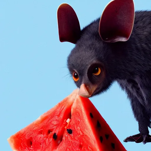 Image similar to very cute realistic fruit bat eats a triangle watermelon piece, digital art, high quality, illustration, art, detailed, 3 d render, unreal engine, clear colours, radiant light, sticker,