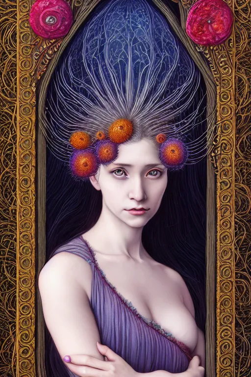 Prompt: portrait of a young female wizard in flowing sensual dress, arrogant, long fine flowing hair, delicate, looking at camera, slight nerdy awkward smile, realistic face, stylish, elegant, grimdark fantasy, flowers, extremely detailed painting inspired by Gerald Brom and Ernst Haeckel and Victor Nizovtsev, studio lighting