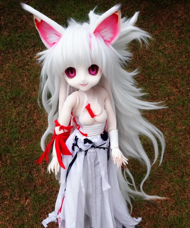 Image similar to full body cute adorable young anime kitsune with white curly hair, style of neytrix, lifesize doll, creepy