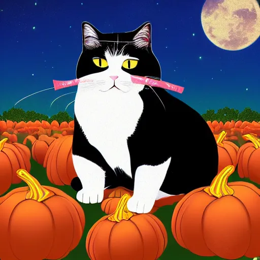 Image similar to a chubby black shorthair cat with white whiskers sitting in a pumpkin patch at night, digital art