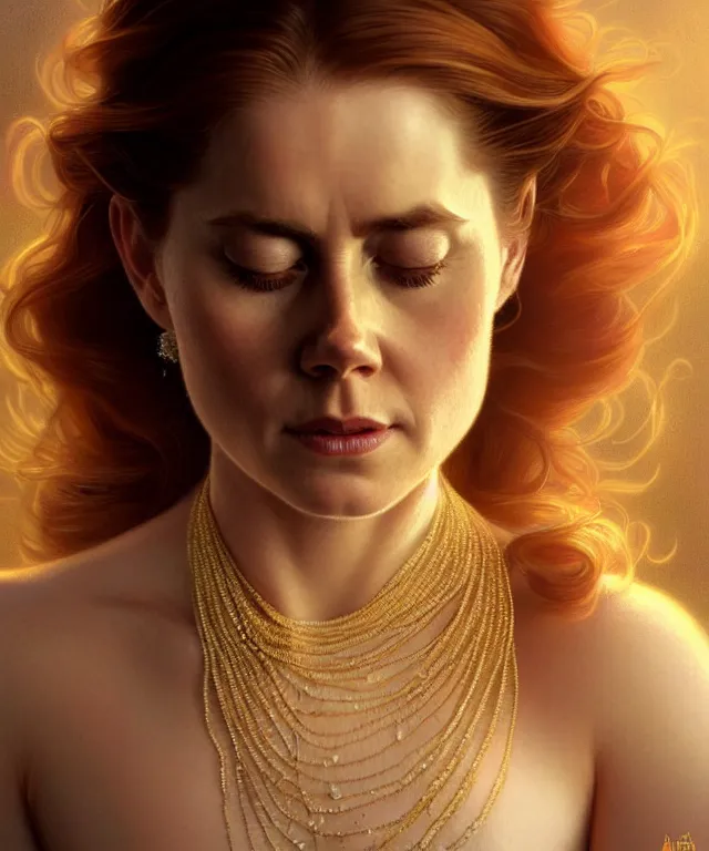 Prompt: a meditating Amy Adams with beads and crystals, portrait, intricate, elegant, highly detailed, digital painting, artstation, concept art, smooth, sharp focus, illustration, art by artgerm and greg rutkowski and alphonse mucha