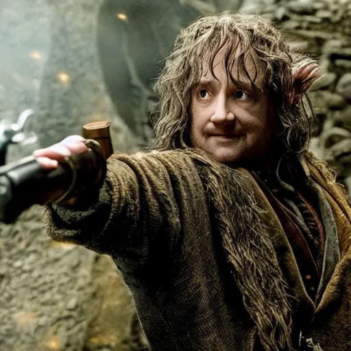 Image similar to scene from the Hobbit Desolation of Smaug, Bilbo has a mauser pistol