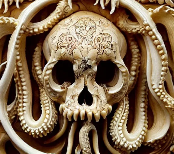 Image similar to an intricately detailed carving in an human - octopus skull, rococo ornate bone and ivory sculpted skull with teeth and tentacles, horror, artifact, micro detailed, inscribed with occult symbols, otherworldly