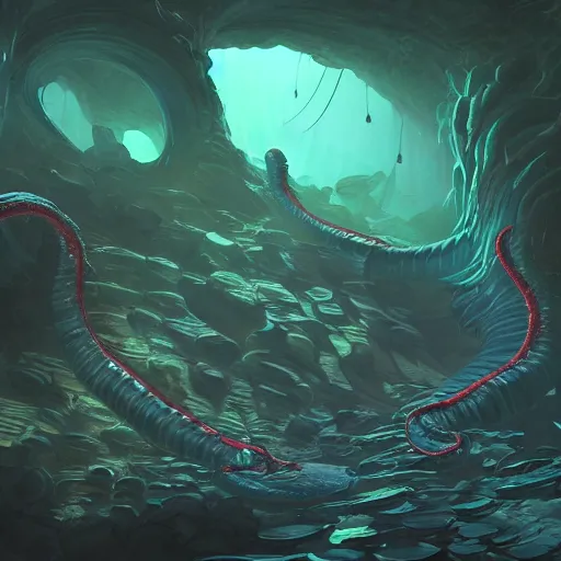 Image similar to bioluminescent tentacle caves, artstation, highly detailed