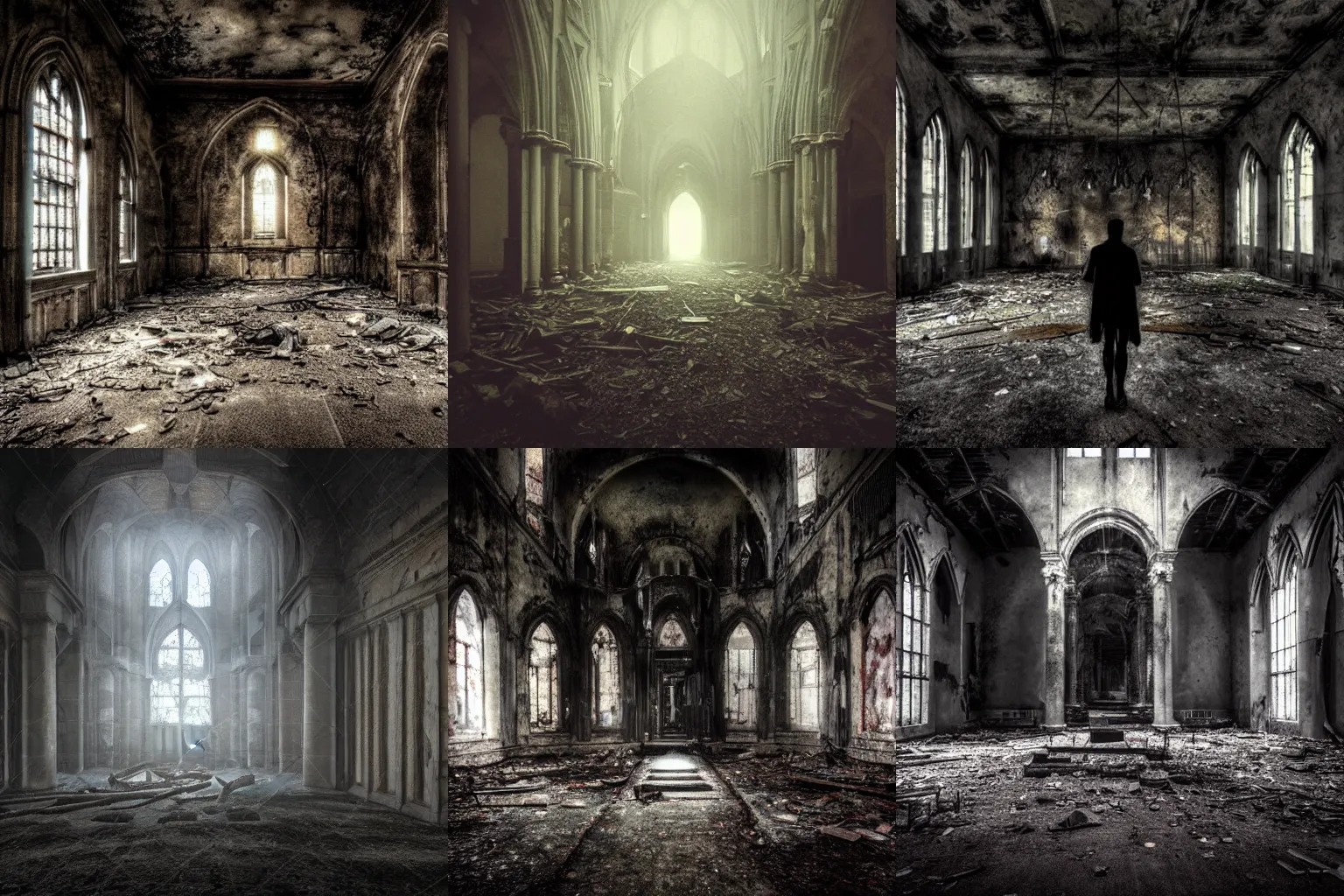 Prompt: Evil demon inside an abandoned cathedral, dark, mist, realistic,