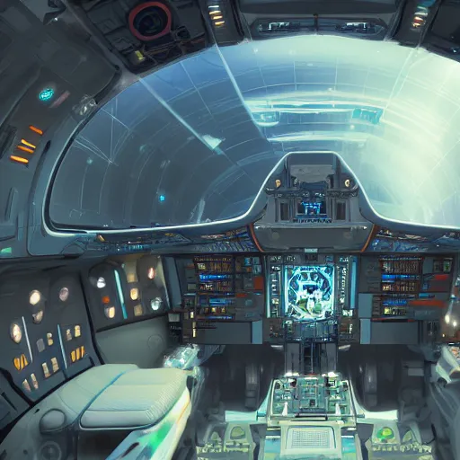 Prompt: the inside of a futuristic spaceship cockpit, highly detailed interior, holographic screen in center frame by peter mohrbacher, trending on artstation, cryengine render, 8 k